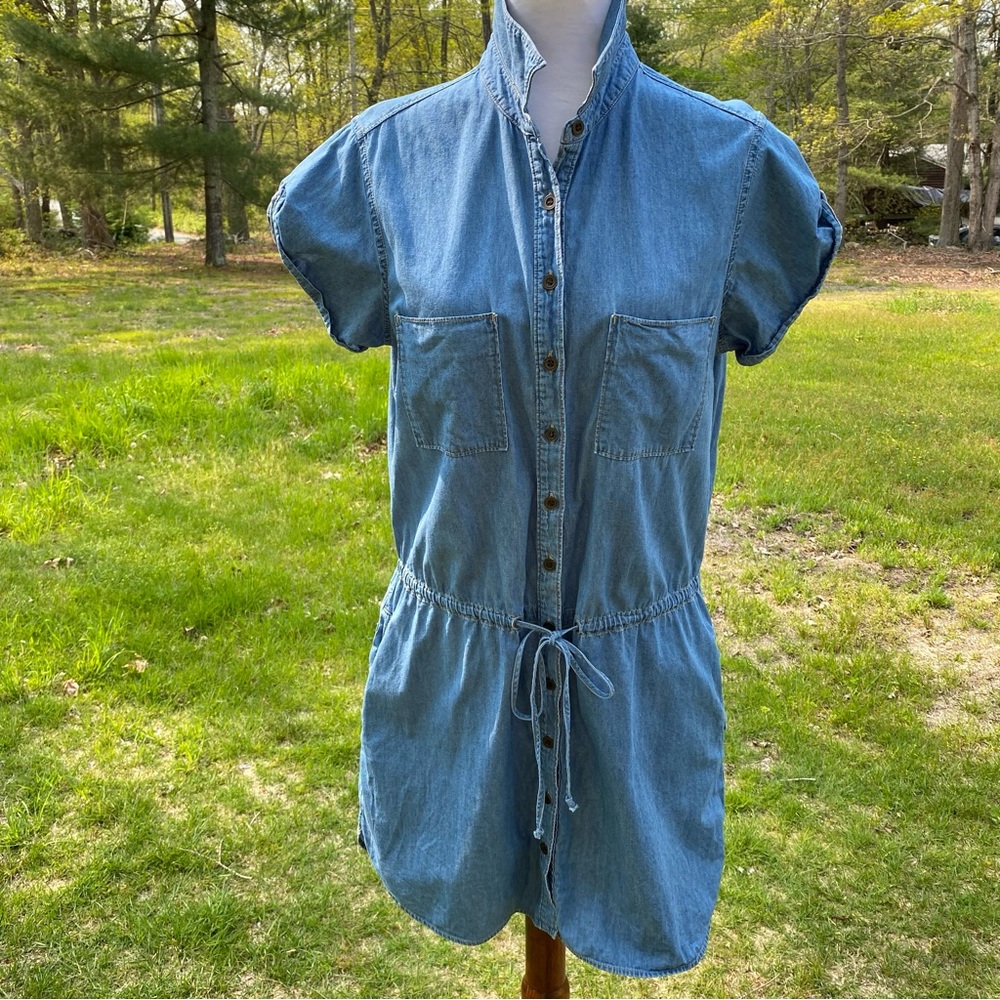 PAIGE DRESS MINI SHORT SLEEVE BUTTONS TIE WAIST BLUE DENIM POCKETS SIZE L